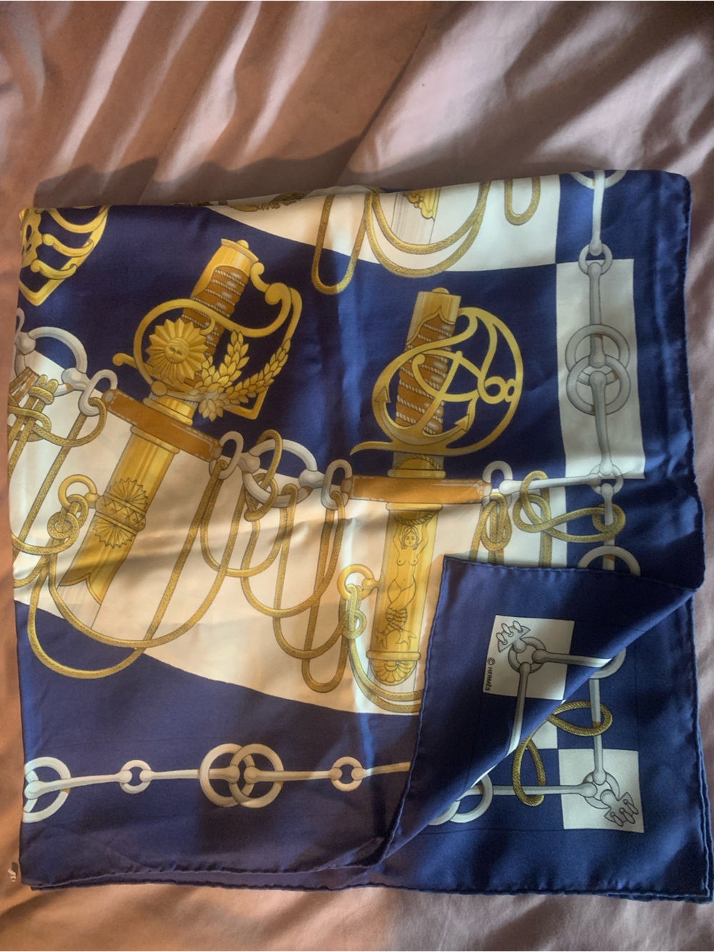 Hermes Navy Blue, Gold Silk Scarf with Equestrian Sword Motif authentic